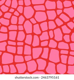 Abstract pink and red giraffe skin spots seamless pattern. Hot pink organic cut out shapes on vivid red background, simple flat style. Hand drawn vibrant terrazzo mosaic texture fun print.