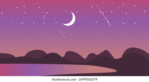 Abstract Pink Red Landscape Mountains Clouds Stars Moon Lake Magic Mystical Vector Design