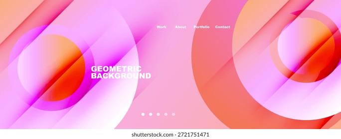 Abstractas capas rosas y rojas crean un fondo dinámico. Los Elementos de texto presentan trabajo, información sobre, Cartera, información de contacto. Diseño minimalista.
