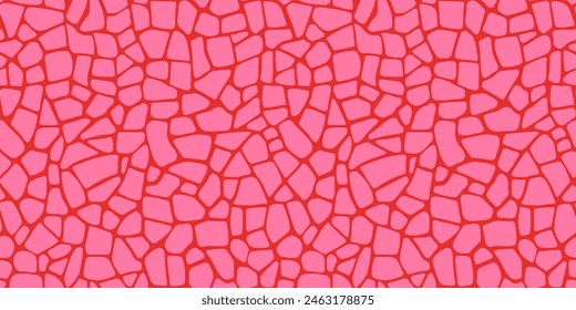 Abstract pink and red mosaic stones spots seamless pattern. Hot pink organic cut out shapes on red background, simple flat style. Hand drawn bright red terrazzo mosaic texture gender neutral print.