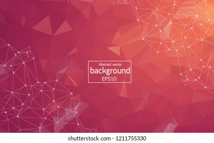 Abstract Pink Red polygonal surface background. Low poly mesh design with connecting dot and line. Connection triangle structure. Vector geometry futuristic decoration. Greeting card.
