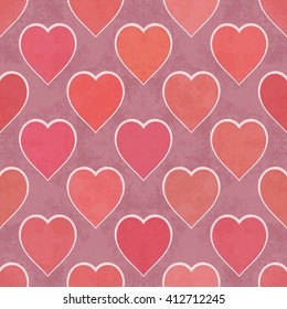 Abstract pink red seamless grunge pattern with varicolored hearts. Design element for banner, card, invitation, postcard, textile, fabric, wrapping paper. Vector illustration.