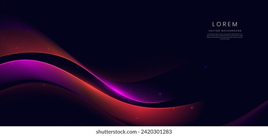 Abstract pink and red wave lines glowing on dark blue background with copy space for text. Vector illustration