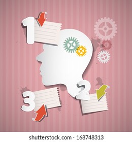 Abstract Pink Retro Infographic Layout with Paper Head, Cogs, Paper Sheets and Arrows