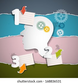 Abstract Pink Retro Infographic Layout with Paper Head, Cogs, Paper Sheets and Arrows on Torn Paper