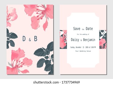 Abstract pink Royal Poinciana flowers card template set for wedding ceremony 