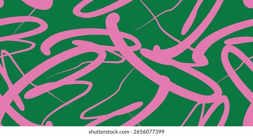 Rabiscos rosa abstrato em um padrão sem emenda de campo verde