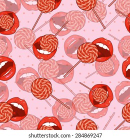 Abstract pink seamless background of candy and lips. Part of the body, the expression of the lips.