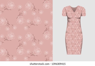 Abstract pink seamless pattern with roses, leaves and mock up dress with shorp sleeve with this ormnament isolated. Vector nature elegant texture for fabric, textile, bedlinen, undergarment.