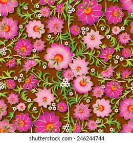abstract pink seamless spring floral ornament on brown background