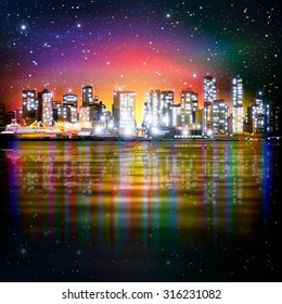 abstract pink sky background with panorama of illuminated city by night