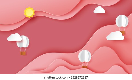 Abstract pink sky landscape background template with white origami hot air balloons paper art style.Vector illustration.