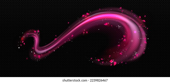 Abstract pink swirl with heart shape leaves and shimmering sparkles. Realistic vector illustration of romantic air vortex, curve line, light effect png isolated on transparent background. Love symbol