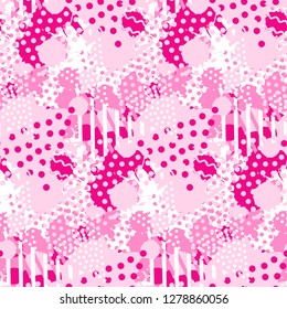 Abstract pink tile pattern with liquid forms and geometric triangle shapes.