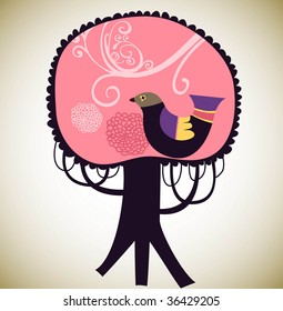 abstract pink tree with bird