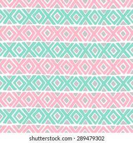 Abstract pink, turquoise, gray background with a diamond and a cross brush strokes. Vector seamless pattern.