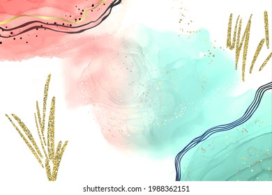 Abstract pink and turquoise liquid watercolor background with golden glitter brushstrokes and lines. Elegant fluid marble alcohol ink drawing effect with golden stains. Vector illustration.