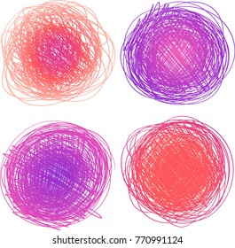 Abstract pink and violet color circles drawn in pencil isolated on white background. Line drawing.