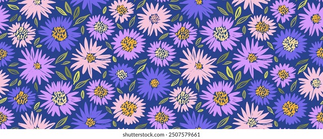 Abstract pink and violet flowers seamless pattern. Floral seamless banner design with pale pink chrysanthemum or aster flowers on dark background. Hand drawn wallpaper with blossom silhouettes.