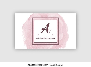 Abstract pink watercolor business card, vector illustration. Elegant white, purple combination, frame and text, template.