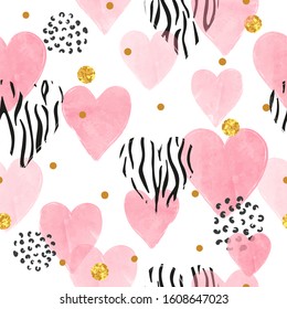 Abstract pink watercolor hearts pattern. Valentines Day seamless background.