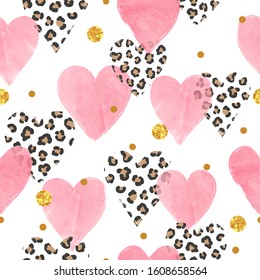 Abstract pink watercolor hearts pattern with leopard print. Valentines Day seamless background.