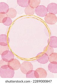 Abstract pink watercolor polka dot background. Simple greeting card with floating watercolor bubbles, gold circle frame and space for text.