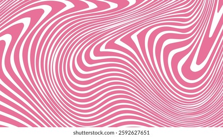 Abstract pink wavy lines pattern on white background. Vector psychedelic retro style backdrop. Waves, swirl and twirl pattern. 