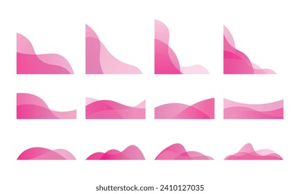 Abstract Pink Wavy Transparent Corner Element Shape, Vector Illustration Set 