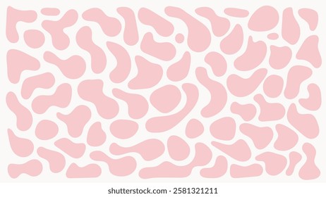 Abstract pink and white pattern with cow or dalmatian spots, featuring fluid blobs and irregular shapes. Ideal for creative decor and vector design projects.