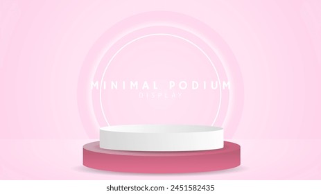 Abstract pink white podium The back has circle lights and a pink background,Minimal podium and crimson background, 3d podium for presentation, Stage for showcase,  illustration 3d Vector EPS 10