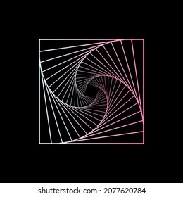 Abstract pink and white square spirograph twisted wireframe tunnel shapes logo ethnic on the black background. Vector illustration.
