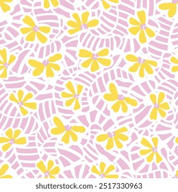 Abstract pink and yellow flower vector seamless repeat pattern.