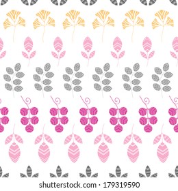 Abstract pink, yellow and gray leaves stripes seamless pattern background