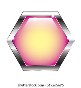 Abstract pink and yellow hexagon background in a silver frame. Vector illustration, on transparent background.