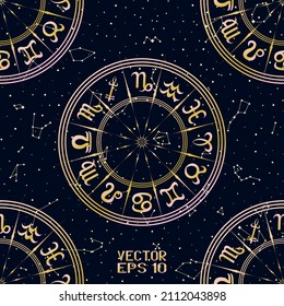 Abstract Pink And Yellow Seamless Pattern With Frame Of Zodiac Signs. Horoscope Symbol. Hemisphere Sky Map. Bright Constellations On Starry Night Background. Vector Illustration