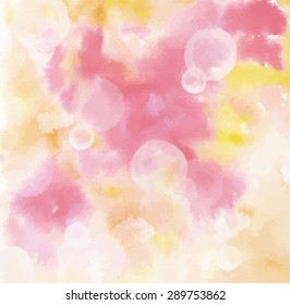 Abstract pink and yellow watercolour background texture with bokehs, scalable vector graphic