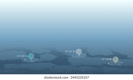 Abstract pins, icons on the city map. Transportation delivery, map location. Background road map with distance data. Vector illustration transport logistics, tourism navigation. Vector illustration