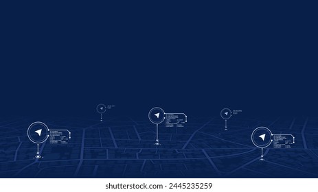 Abstract pins, icons on the city map. Transportation delivery, map location. Background road map with distance data. Vector illustration transport logistics, tourism navigation. Vector illustration