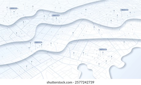 Abstract pins, icons on the city map. Transportation delivery, map location. Background road map with distance data. Isometric street roads and location. Vector illustration. Huge city top view.