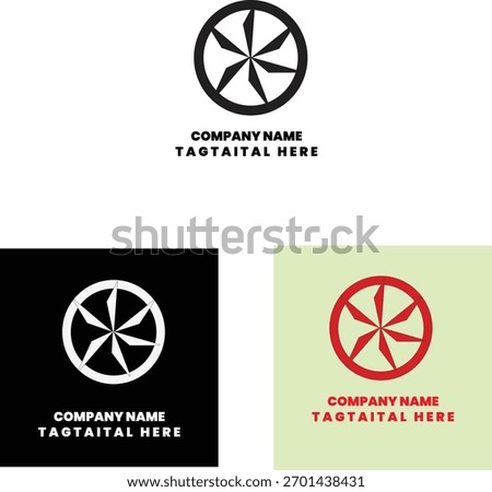 Abstract Pinwheel or Propeller Logo Design. A modern, minimalist vector logo featuring a stylized six-bladed fan, turbine, or pinwheel shape contained within a thick circular frame. The design conveys