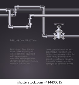 Abstract pipes background with flat designed pipeline and valve on pipe. Concept for web newsletters water, wastewater or oil pipeline industry. Vector illustration. 