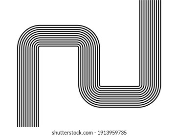 Abstract pipes from curves of black parallel lines on a white background. Trendy vector background.