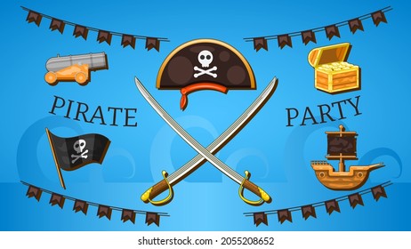 Abstract Pirate Background Party Hat Flag Chest Ship Vector Design Style