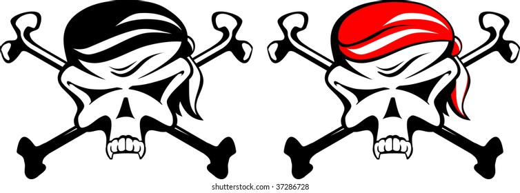 Abstract pirate symbol with skull, crossbones and bandana in vector format. Red, black and white.