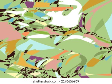 Abstract pistachio background from white, pink, blue, purple spots and geometric shapes. Composition in the form of a chaotic arbitrary multicolor pattern. Vector illustration, EPS 10.