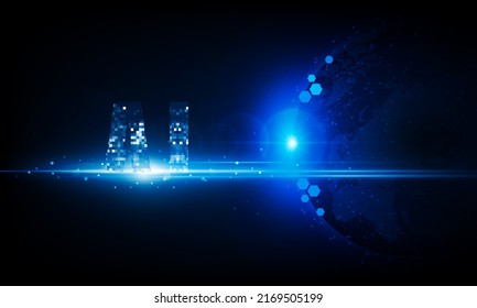 Resumen píxel Ai ciencia ficción Inteligencia artificial Luz de fondo de tecnología Hitech concepto de comunicación enviado para planeta tierra con salida al sol y red de tecnología. ilustración vectorial