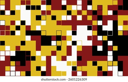Abstract pixel art background.  Bold geometric pattern in gold, red, black, and white. Ideal for tech, design, or modern presentations.