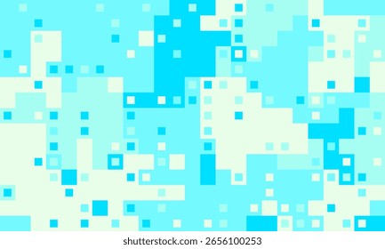 Abstractas fondo de pixel art.  La paleta de colores azul y blanco, fresca y tranquilizadora, evoca sentimientos de serenidad y tecnología.