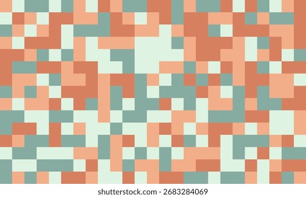 Fundo abstrato da arte em pixels.  Quadrados de coral, azul-petróleo e creme mudos criam um padrão dinâmico e texturizado. Ideal para banners de sites, mídias sociais ou projetos de design modernos.